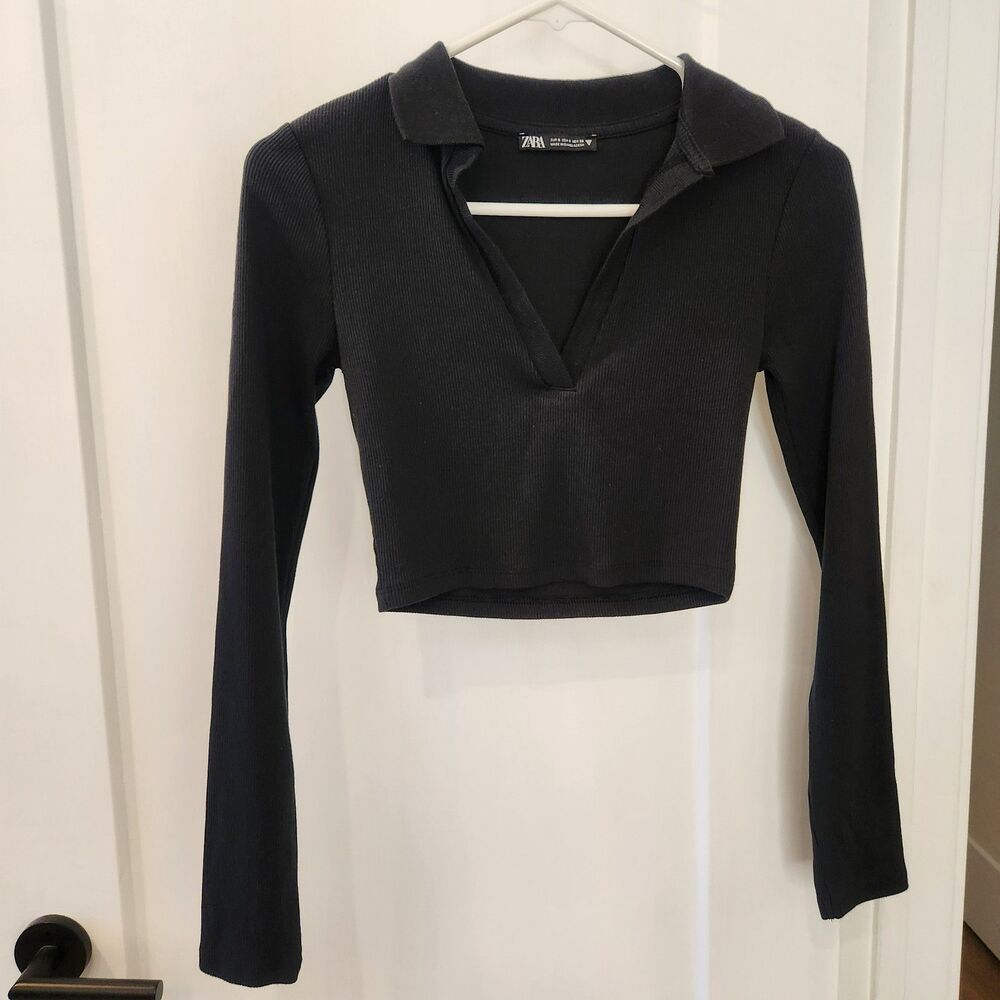 Zara Black Collared long sleeve Crop Top Small
